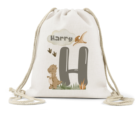 Personalised Drawstring Bag Linen Kids Children's Boys Girls Backpack Toys Nappy Nursery School P.e Book Boho Dinosaur Dinosaurs